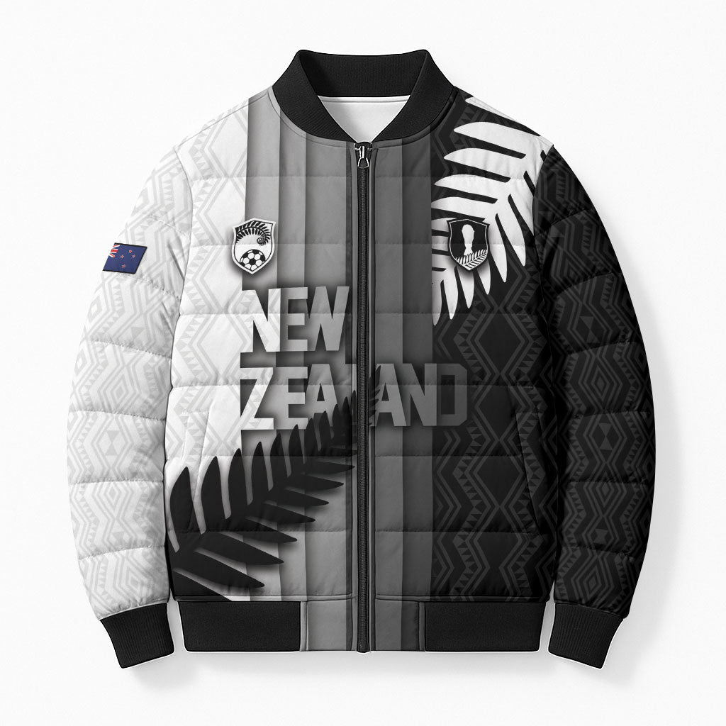 Custom New Zealand Football Bomber Puffer Jacket Silver Fern Maori Pattern Monochrome