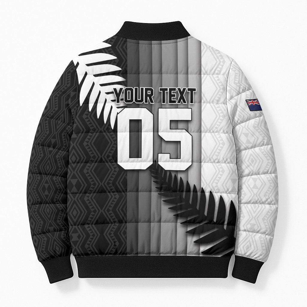 Custom New Zealand Football Bomber Puffer Jacket Silver Fern Maori Pattern Monochrome DT05 - Polynesian Pride