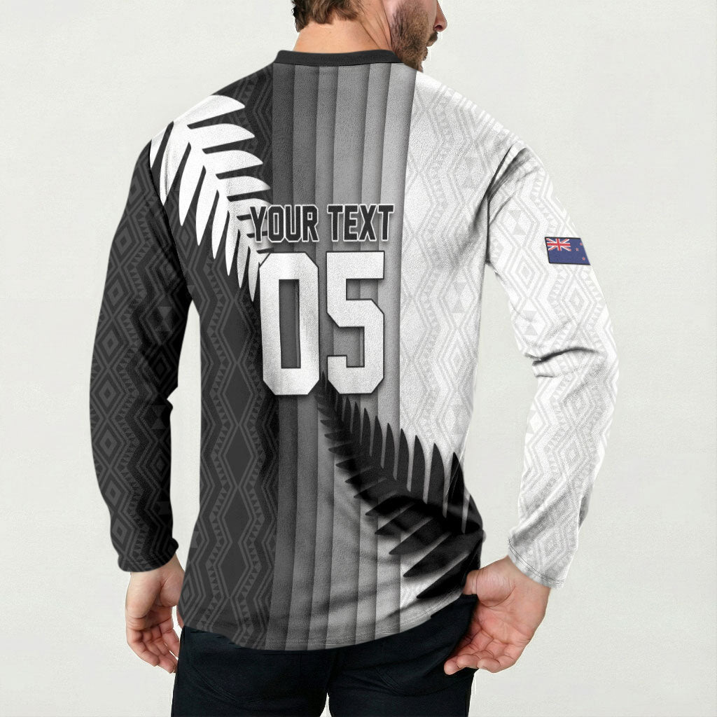 Custom New Zealand Football Button Sweatshirt Silver Fern Maori Pattern Monochrome DT05 - Polynesian Pride