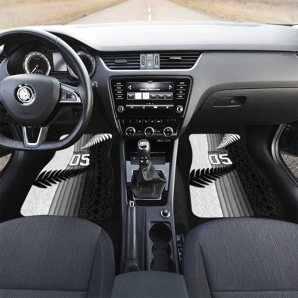 Custom New Zealand Football Car Mats Silver Fern Maori Pattern Monochrome DT05 Set 2pcs - Front White - Polynesian Pride