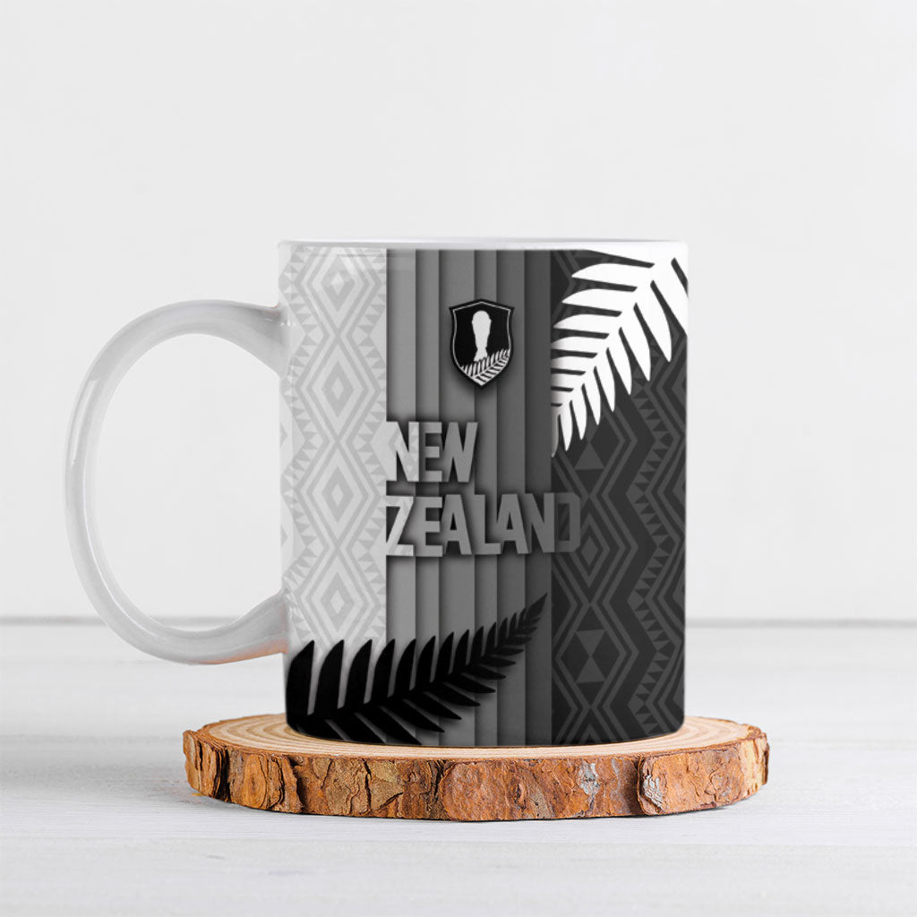 Custom New Zealand Football Ceramic Mug Silver Fern Maori Pattern Monochrome