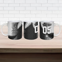 Custom New Zealand Football Ceramic Mug Silver Fern Maori Pattern Monochrome DT05 - Polynesian Pride