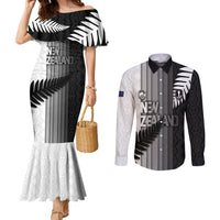 Custom New Zealand Football Couples Matching Mermaid Dress and Long Sleeve Button Shirt Silver Fern Maori Pattern Monochrome