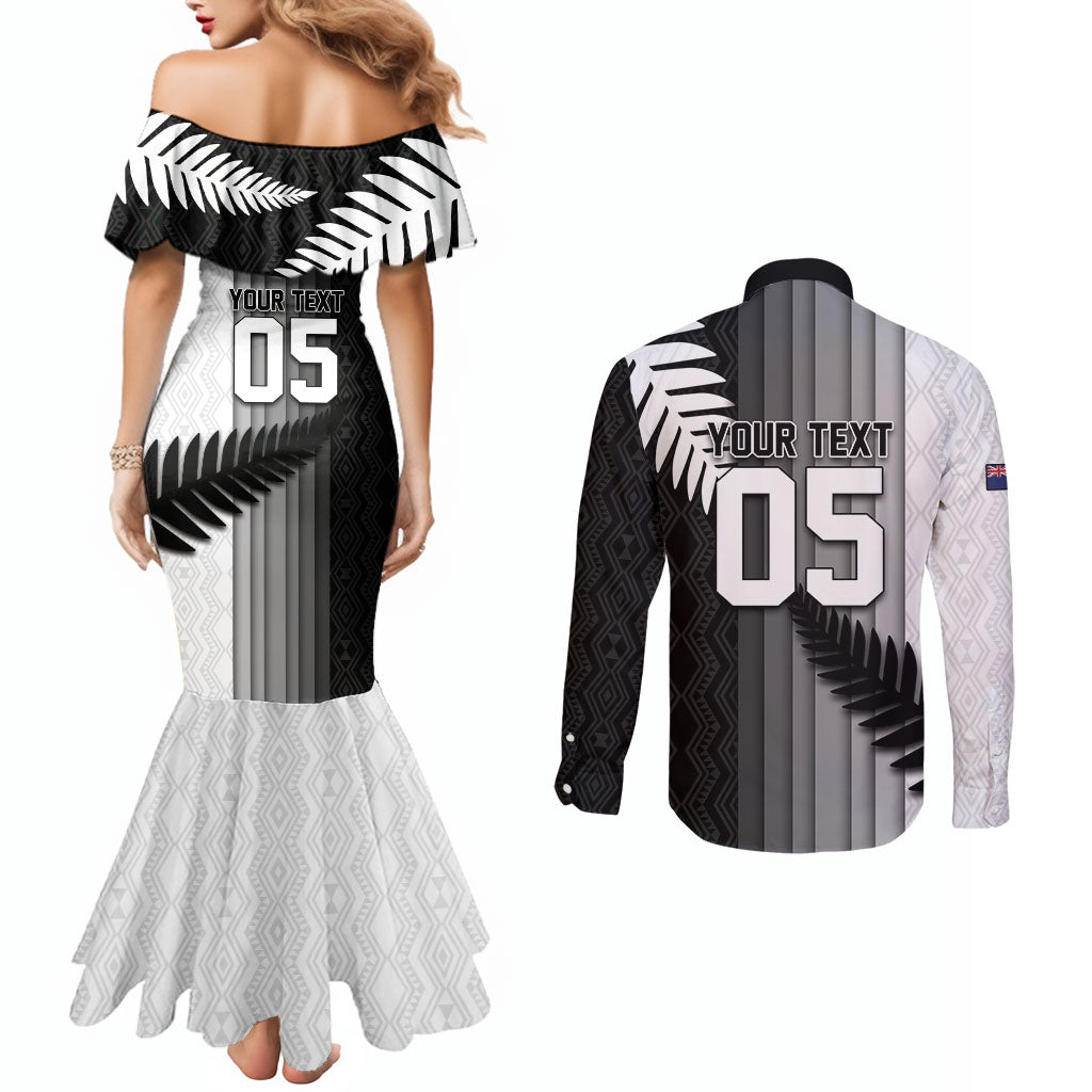 Custom New Zealand Football Couples Matching Mermaid Dress and Long Sleeve Button Shirt Silver Fern Maori Pattern Monochrome