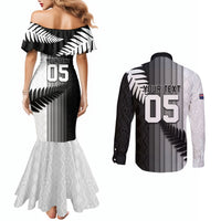 Custom New Zealand Football Couples Matching Mermaid Dress and Long Sleeve Button Shirt Silver Fern Maori Pattern Monochrome