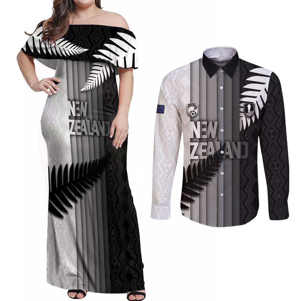 Custom New Zealand Football Couples Matching Off Shoulder Maxi Dress and Long Sleeve Button Shirt Silver Fern Maori Pattern Monochrome