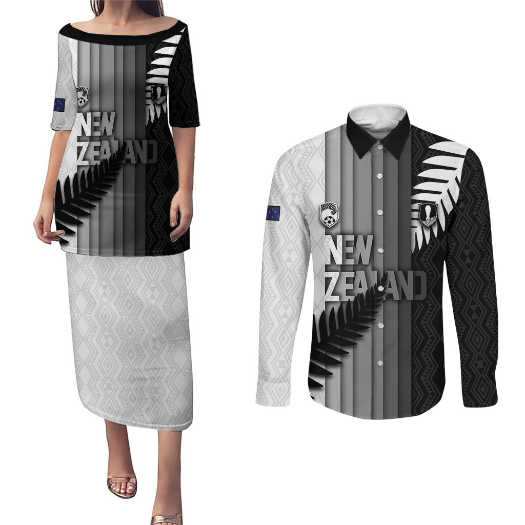 Custom New Zealand Football Couples Matching Puletasi and Long Sleeve Button Shirt Silver Fern Maori Pattern Monochrome