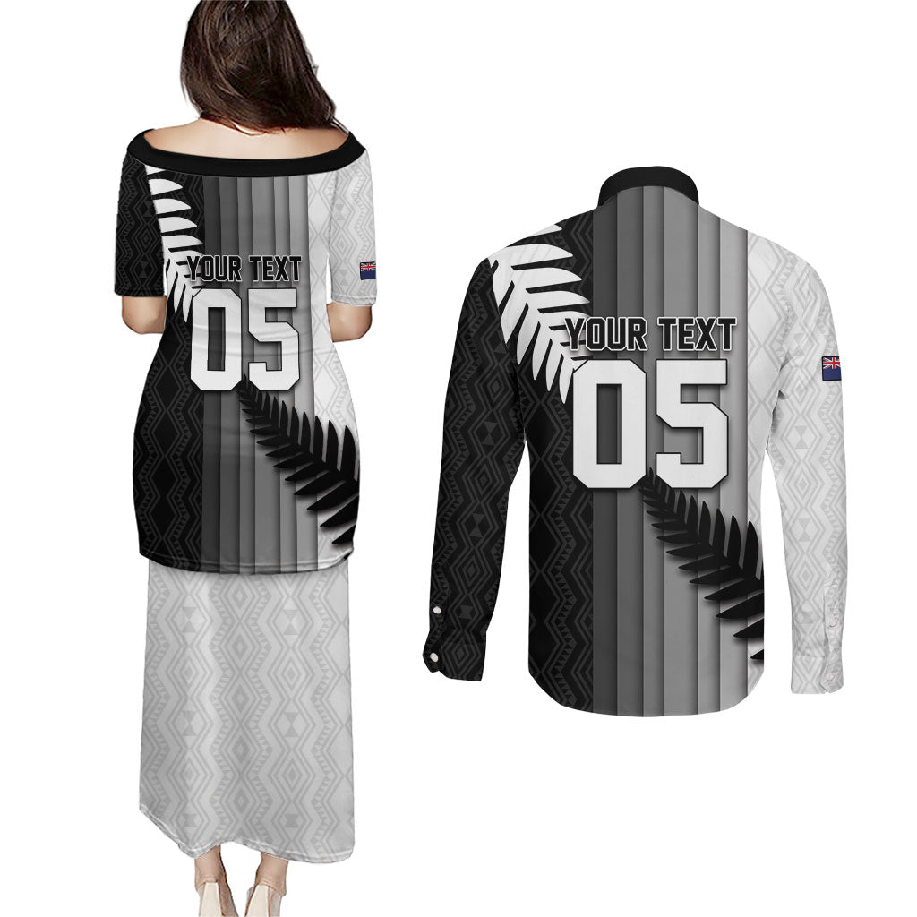 Custom New Zealand Football Couples Matching Puletasi and Long Sleeve Button Shirt Silver Fern Maori Pattern Monochrome