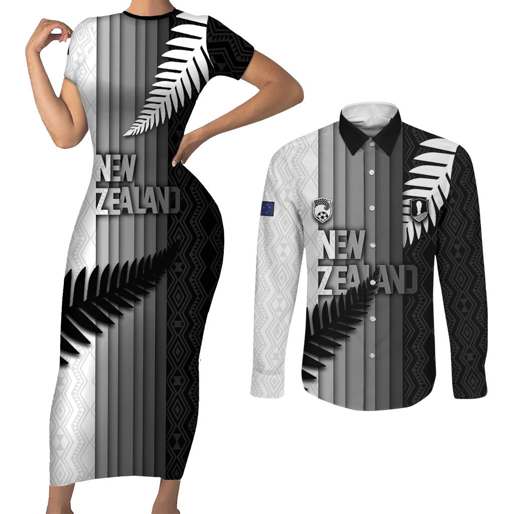 Custom New Zealand Football Couples Matching Short Sleeve Bodycon Dress and Long Sleeve Button Shirt Silver Fern Maori Pattern Monochrome