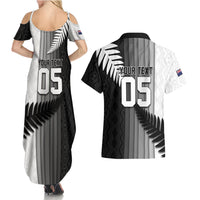 Custom New Zealand Football Couples Matching Summer Maxi Dress and Hawaiian Shirt Silver Fern Maori Pattern Monochrome