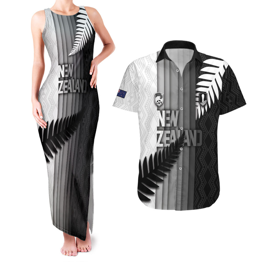 Custom New Zealand Football Couples Matching Tank Maxi Dress and Hawaiian Shirt Silver Fern Maori Pattern Monochrome