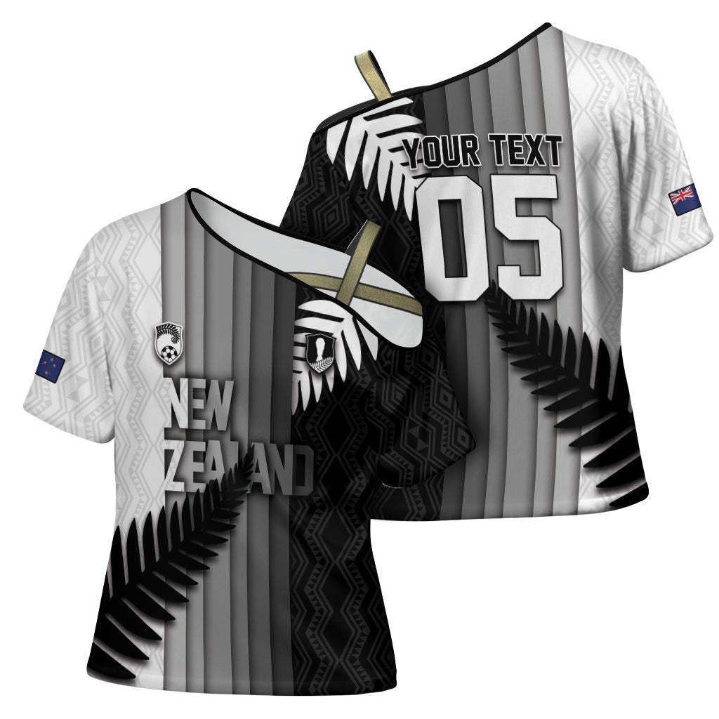 Custom New Zealand Football Cross Shoulder Shirt Silver Fern Maori Pattern Monochrome DT05 - Polynesian Pride