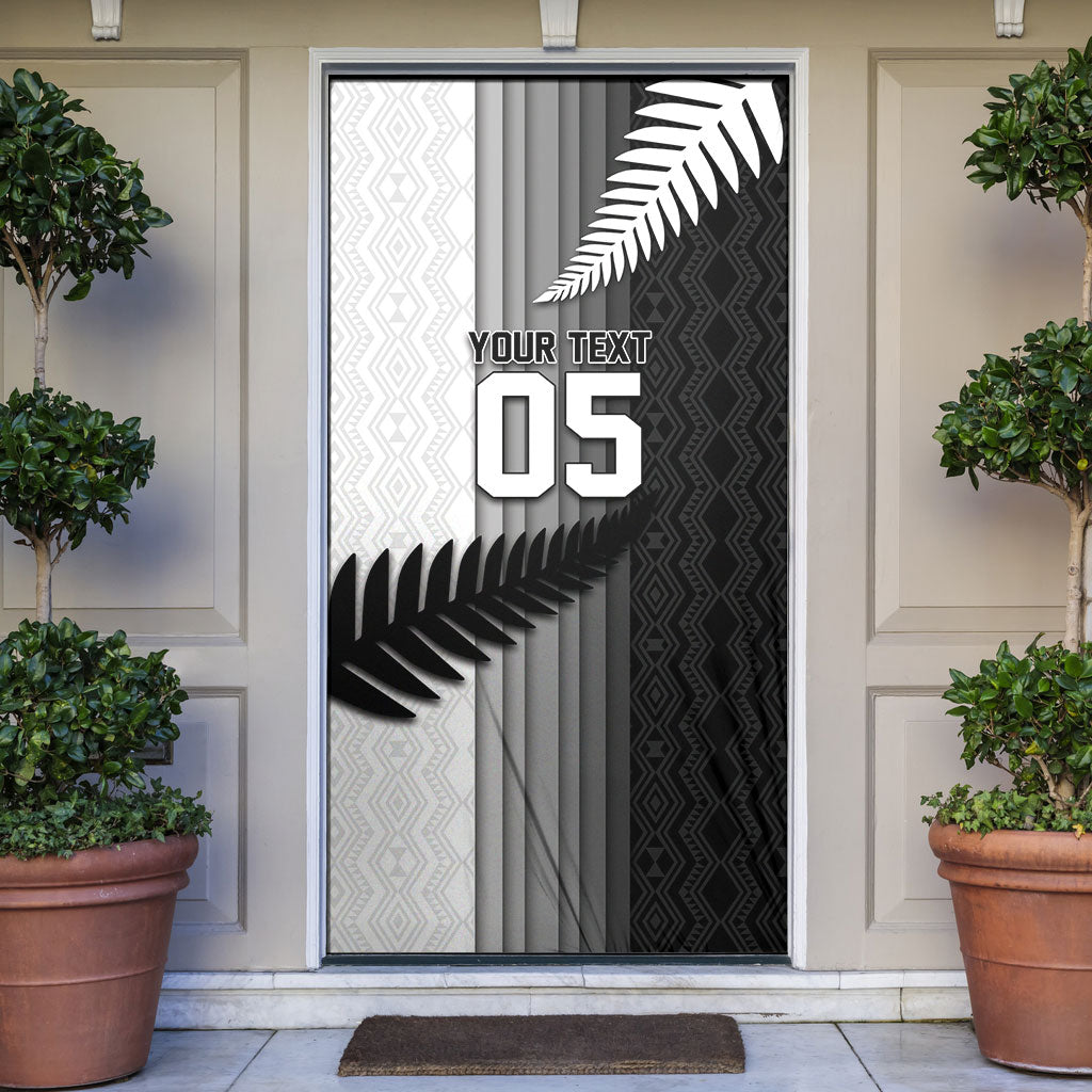 Custom New Zealand Football Door Cover Silver Fern Maori Pattern Monochrome