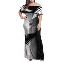 Custom New Zealand Football Family Matching Off Shoulder Maxi Dress and Hawaiian Shirt Silver Fern Maori Pattern Monochrome