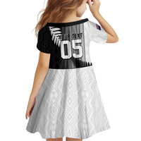 Custom New Zealand Football Family Matching Short Sleeve Bodycon Dress and Hawaiian Shirt Silver Fern Maori Pattern Monochrome