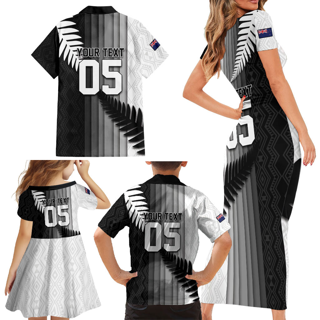Custom New Zealand Football Family Matching Short Sleeve Bodycon Dress and Hawaiian Shirt Silver Fern Maori Pattern Monochrome