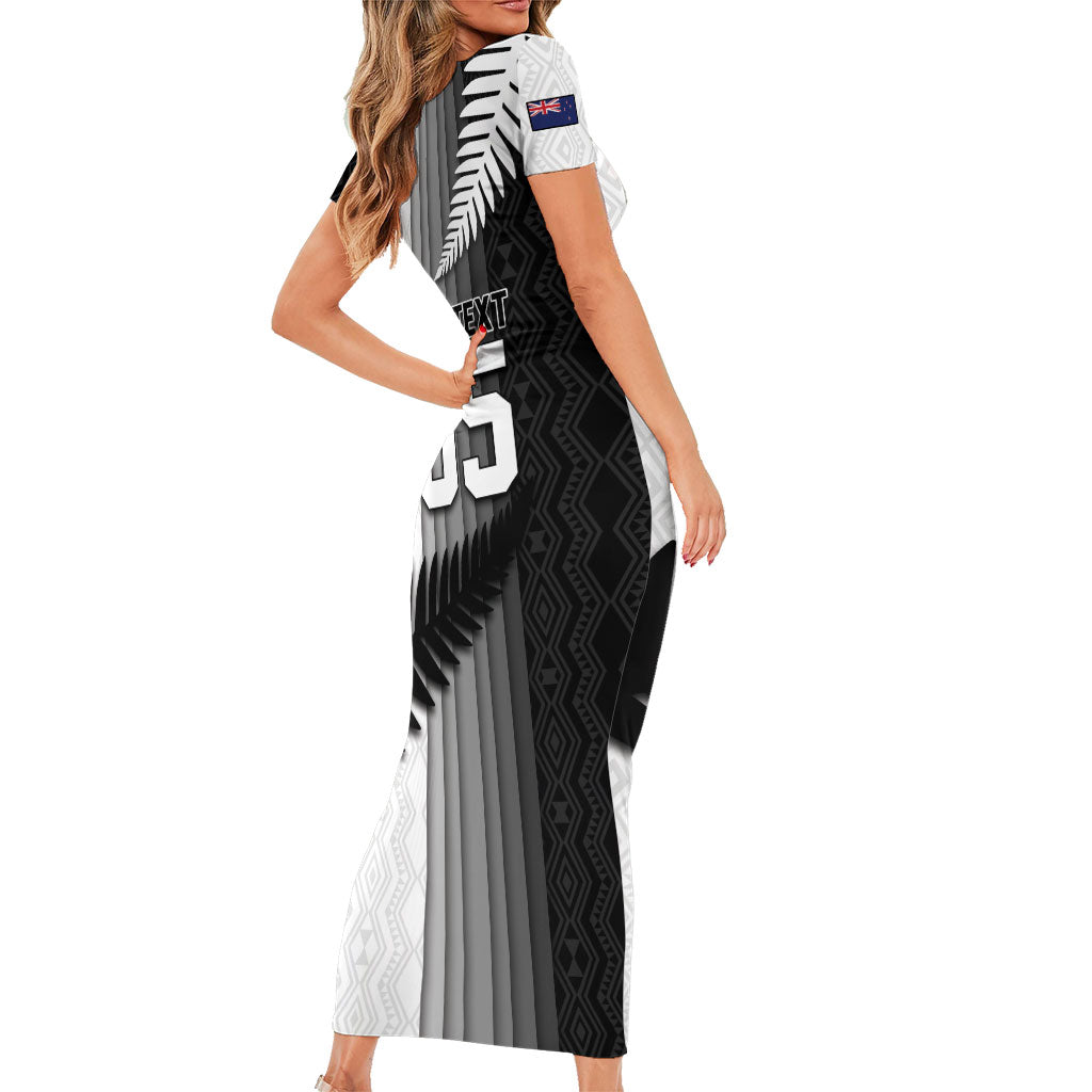 Custom New Zealand Football Family Matching Short Sleeve Bodycon Dress and Hawaiian Shirt Silver Fern Maori Pattern Monochrome
