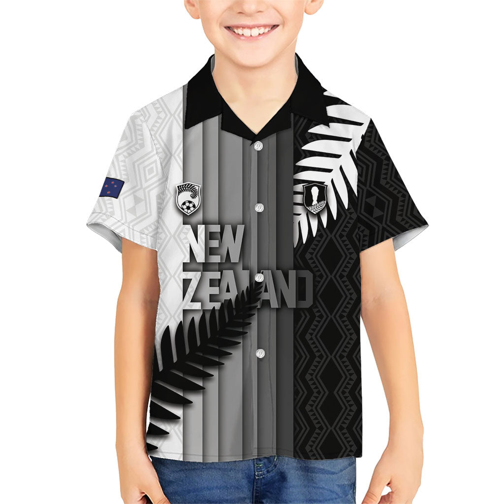 Custom New Zealand Football Kid Hawaiian Shirt Silver Fern Maori Pattern Monochrome