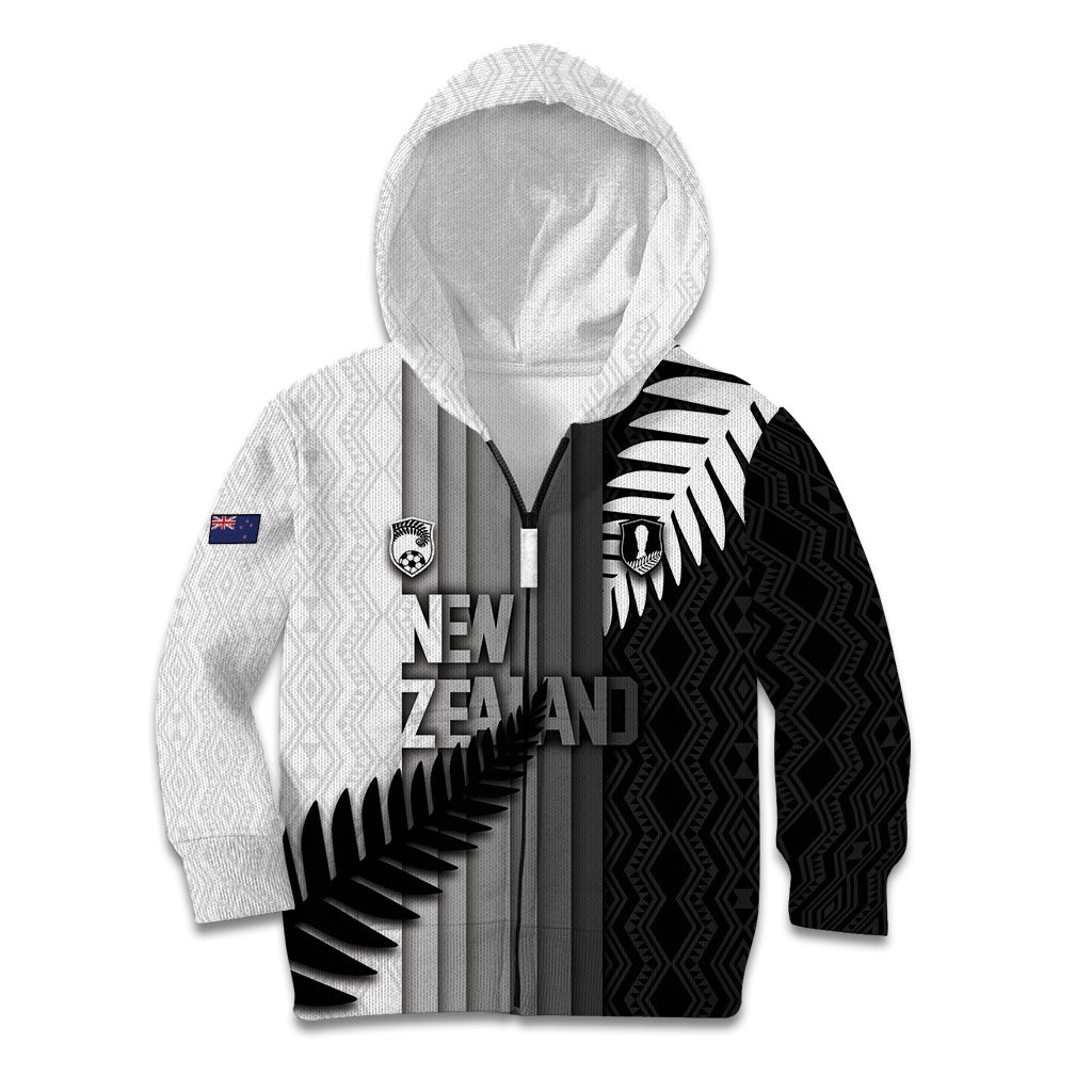 Custom New Zealand Football Kid Hoodie Silver Fern Maori Pattern Monochrome DT05 Zip Hoodie White - Polynesian Pride