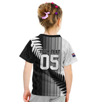 Custom New Zealand Football Kid T Shirt Silver Fern Maori Pattern Monochrome DT05 - Polynesian Pride