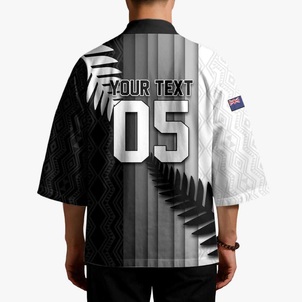 Custom New Zealand Football Kimono Silver Fern Maori Pattern Monochrome DT05 - Polynesian Pride
