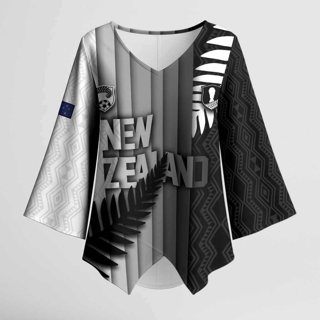 Custom New Zealand Football Kimono Sleeve Blouse Silver Fern Maori Pattern Monochrome DT05 Female White - Polynesian Pride