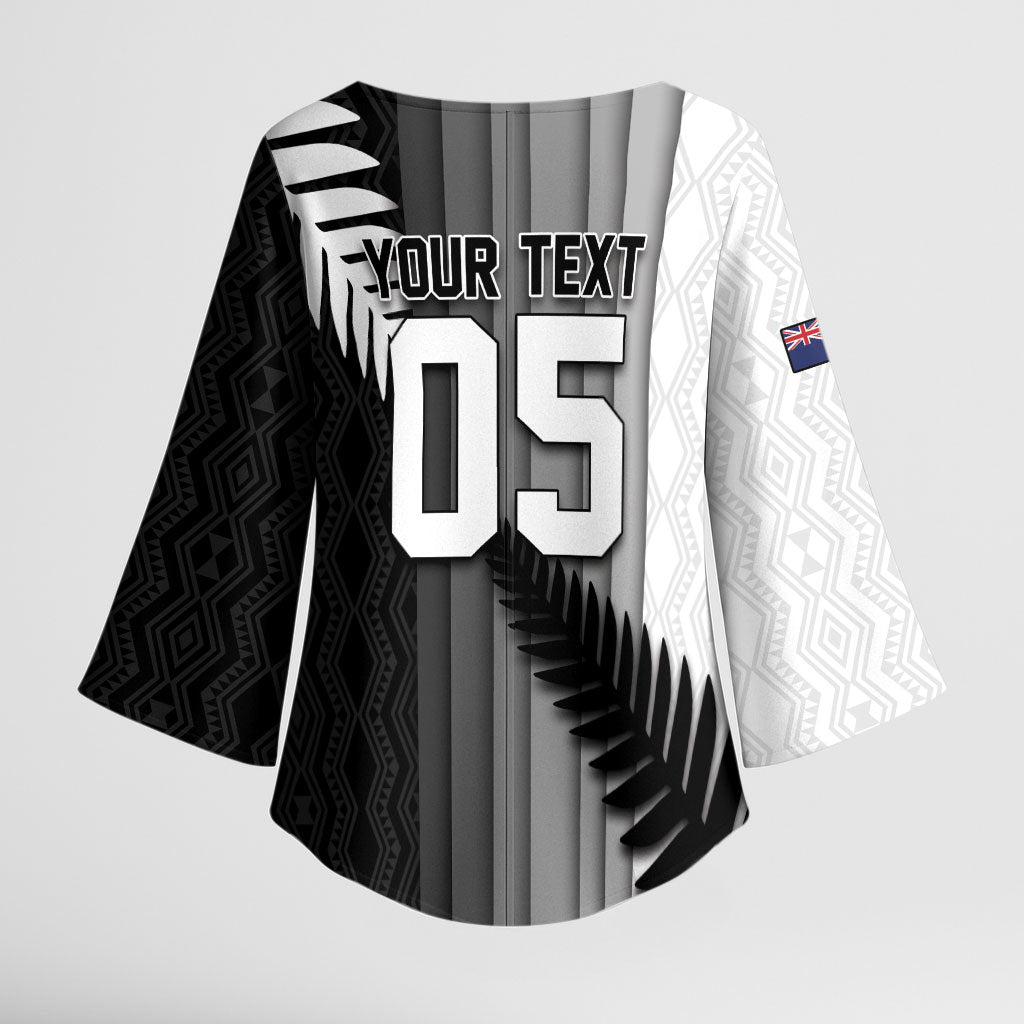 Custom New Zealand Football Kimono Sleeve Blouse Silver Fern Maori Pattern Monochrome DT05 - Polynesian Pride