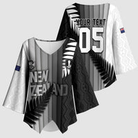 Custom New Zealand Football Kimono Sleeve Blouse Silver Fern Maori Pattern Monochrome DT05 - Polynesian Pride