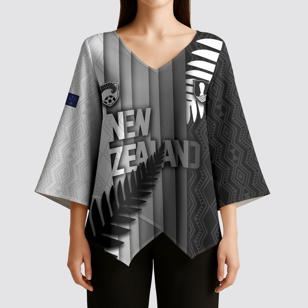 Custom New Zealand Football Kimono Sleeve Blouse Silver Fern Maori Pattern Monochrome DT05 - Polynesian Pride