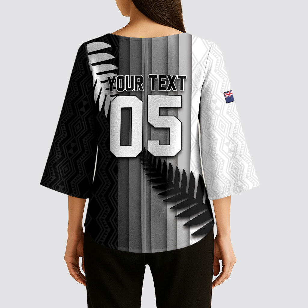 Custom New Zealand Football Kimono Sleeve Blouse Silver Fern Maori Pattern Monochrome DT05 - Polynesian Pride