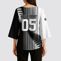 Custom New Zealand Football Kimono Sleeve Blouse Silver Fern Maori Pattern Monochrome DT05 - Polynesian Pride