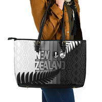 New Zealand Football Leather Tote Bag Silver Fern Maori Pattern Monochrome DT05 - Polynesian Pride