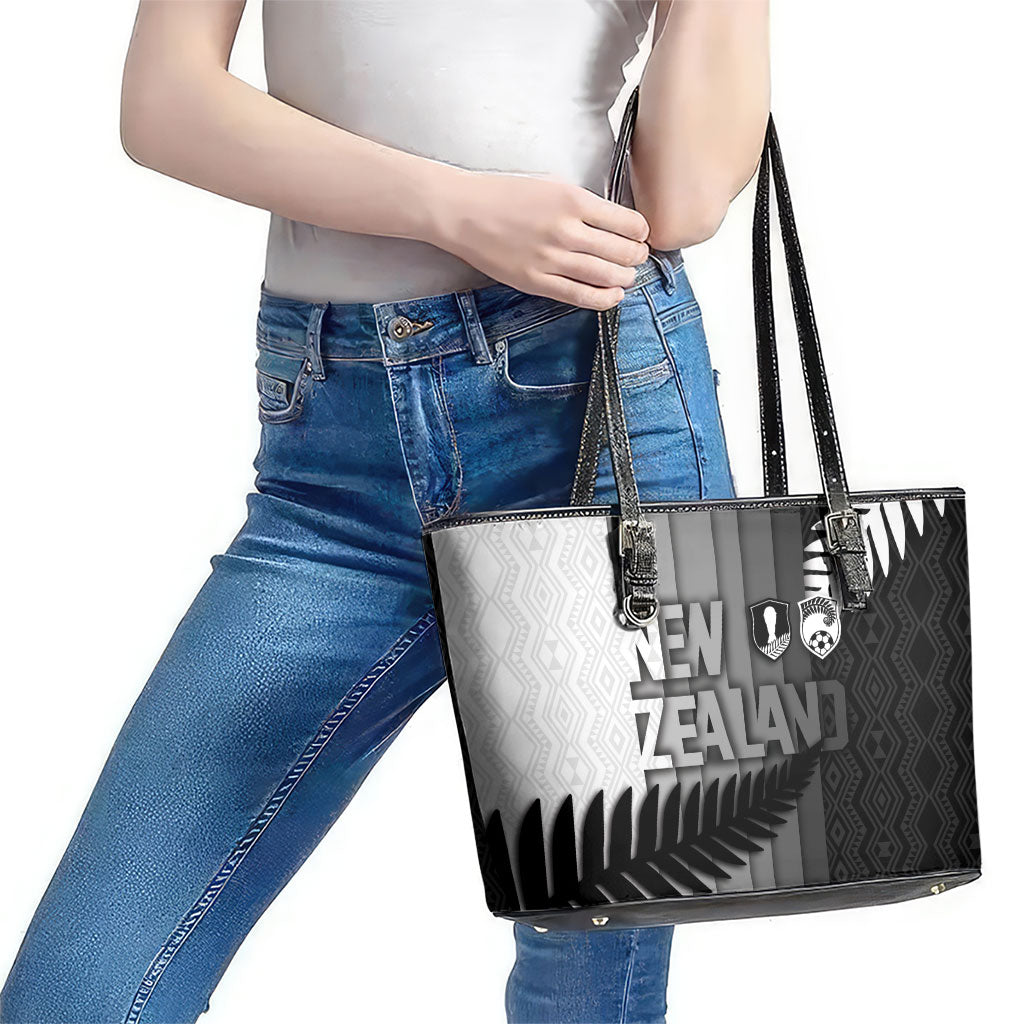 New Zealand Football Leather Tote Bag Silver Fern Maori Pattern Monochrome DT05 - Polynesian Pride