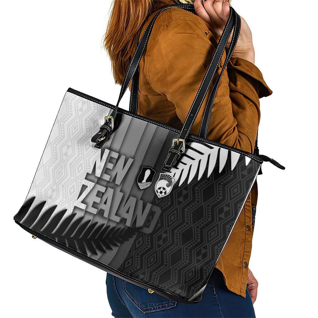 New Zealand Football Leather Tote Bag Silver Fern Maori Pattern Monochrome DT05 - Polynesian Pride