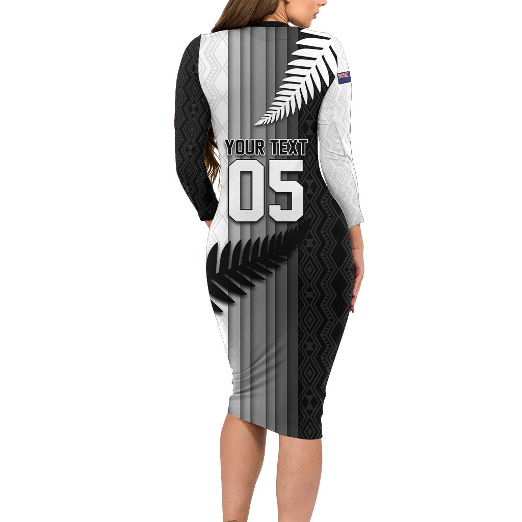 Custom New Zealand Football Long Sleeve Bodycon Dress Silver Fern Maori Pattern Monochrome
