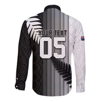 Custom New Zealand Football Long Sleeve Button Shirt Silver Fern Maori Pattern Monochrome DT05 - Polynesian Pride