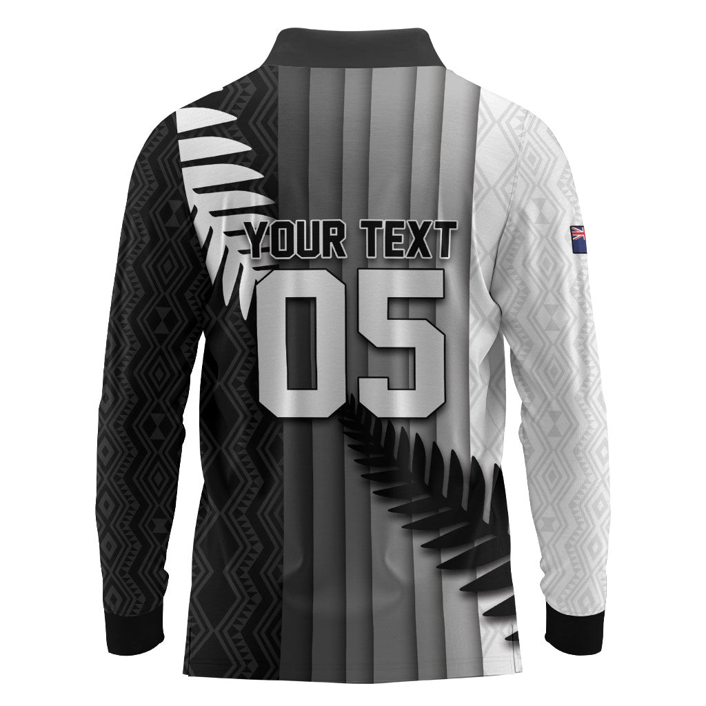 Custom New Zealand Football Long Sleeve Polo Shirt Silver Fern Maori Pattern Monochrome
