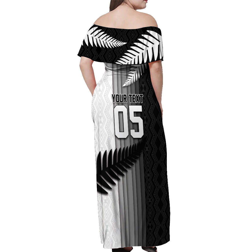 Custom New Zealand Football Off Shoulder Maxi Dress Silver Fern Maori Pattern Monochrome DT05 - Polynesian Pride