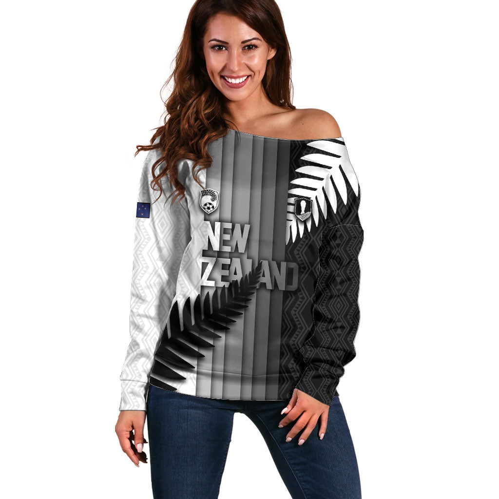 Custom New Zealand Football Off Shoulder Sweater Silver Fern Maori Pattern Monochrome