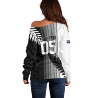 Custom New Zealand Football Off Shoulder Sweater Silver Fern Maori Pattern Monochrome