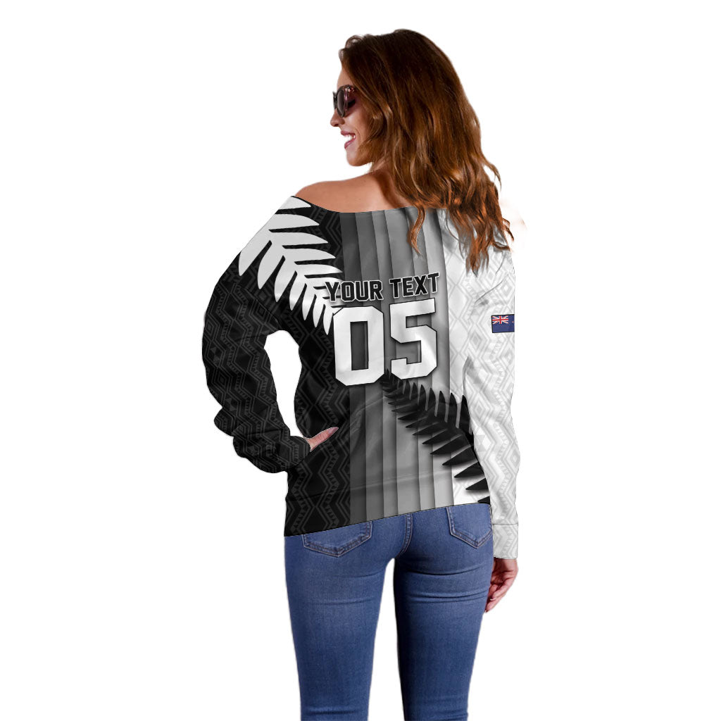 Custom New Zealand Football Off Shoulder Sweater Silver Fern Maori Pattern Monochrome