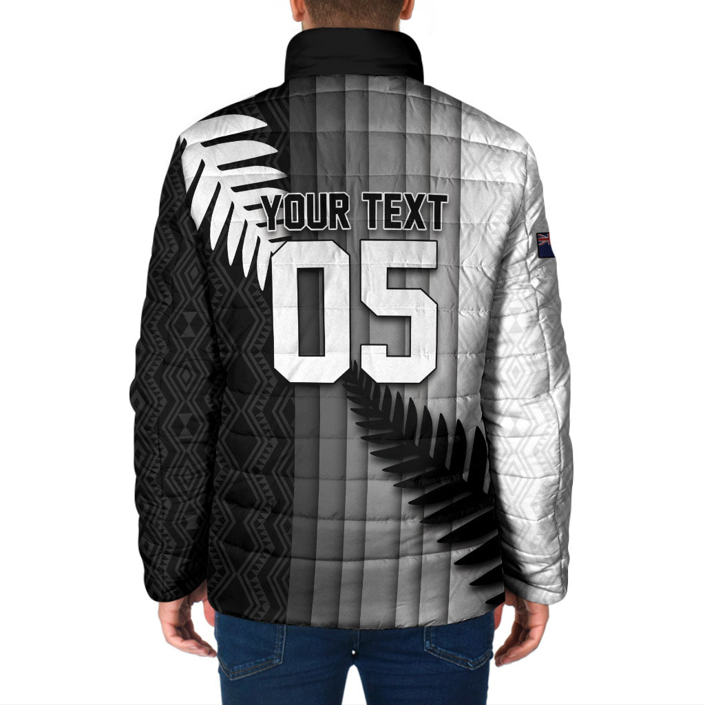 Custom New Zealand Football Padded Jacket Silver Fern Maori Pattern Monochrome DT05 - Polynesian Pride