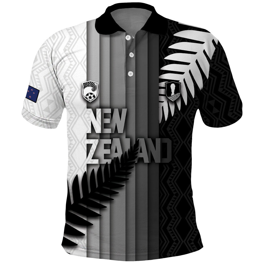 Custom New Zealand Football Polo Shirt Silver Fern Maori Pattern Monochrome