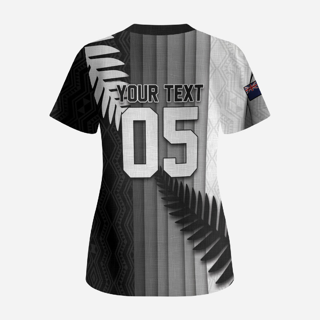 Custom New Zealand Football Scrub Top Silver Fern Maori Pattern Monochrome DT05 - Polynesian Pride