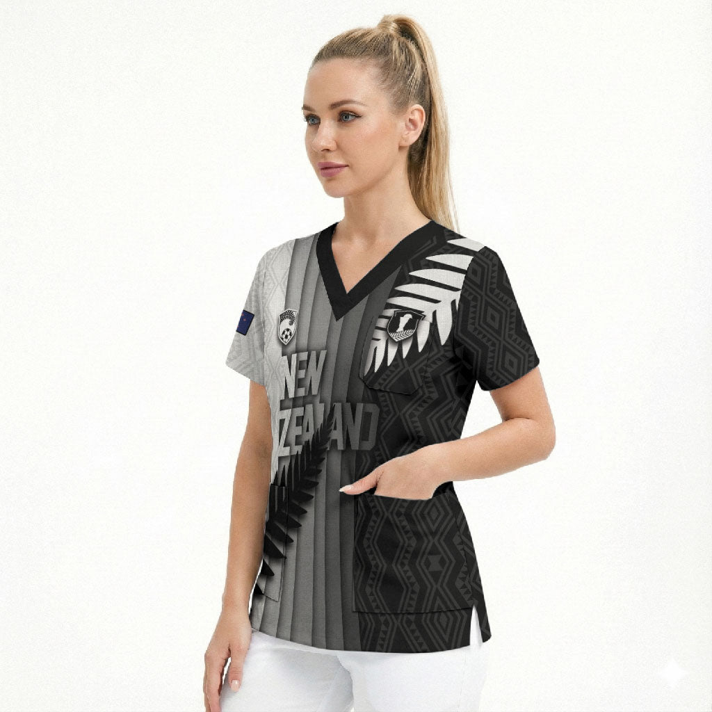 Custom New Zealand Football Scrub Top Silver Fern Maori Pattern Monochrome DT05 - Polynesian Pride