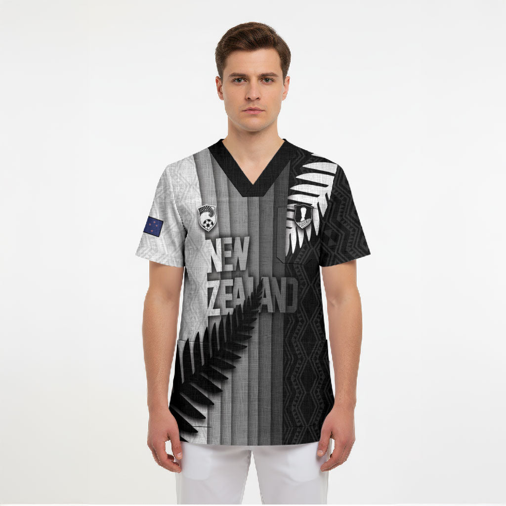 Custom New Zealand Football Scrub Top Silver Fern Maori Pattern Monochrome DT05 - Polynesian Pride
