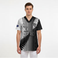 Custom New Zealand Football Scrub Top Silver Fern Maori Pattern Monochrome DT05 - Polynesian Pride