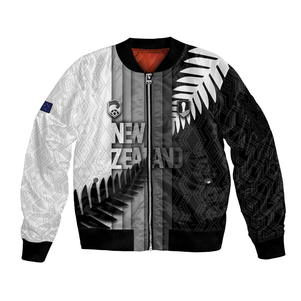 Custom New Zealand Football Sleeve Zip Bomber Jacket Silver Fern Maori Pattern Monochrome DT05 Unisex White - Polynesian Pride