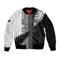 Custom New Zealand Football Sleeve Zip Bomber Jacket Silver Fern Maori Pattern Monochrome DT05 Unisex White - Polynesian Pride