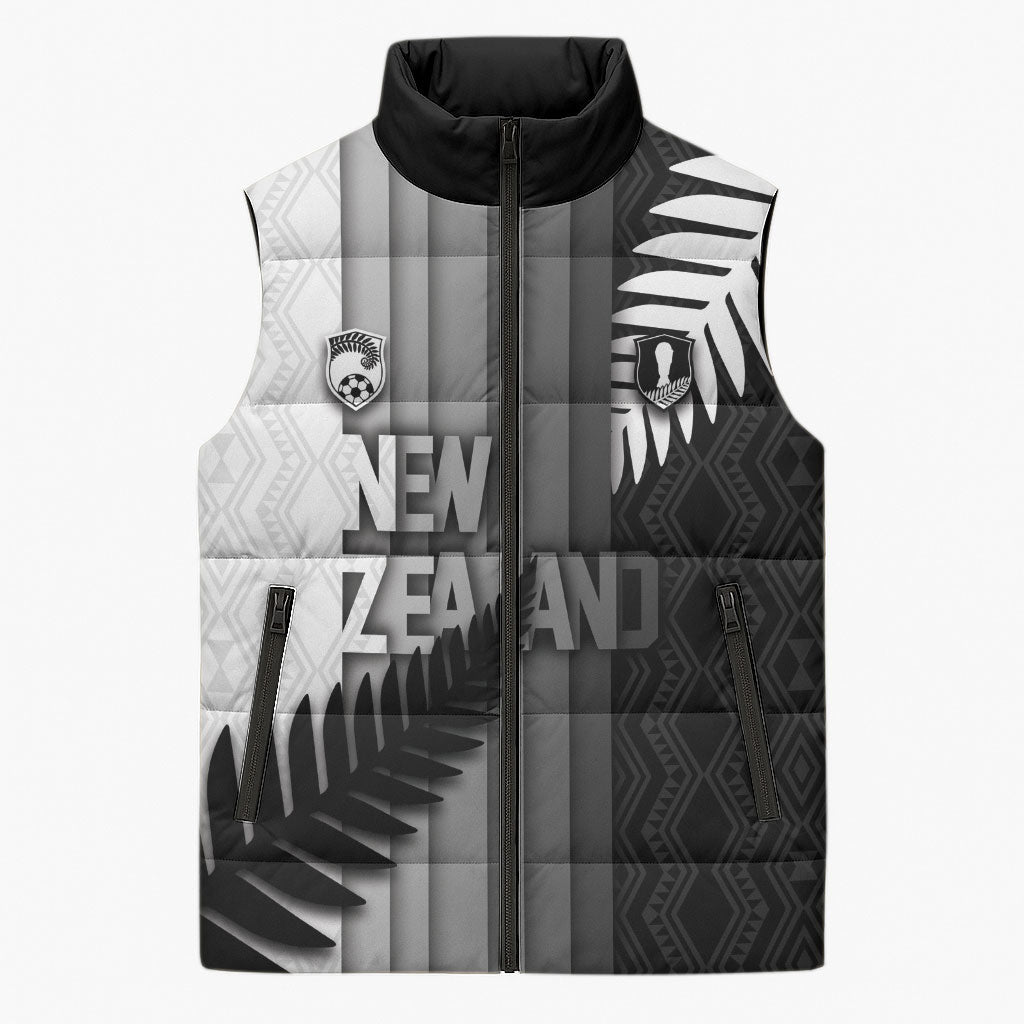Custom New Zealand Football Sleeveless Puffer Jacket Silver Fern Maori Pattern Monochrome DT05 Unisex White - Polynesian Pride